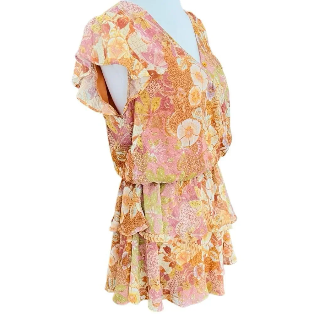 Olivaceous orange floral v neck blouson style  elastic waist ruffled dress , M.